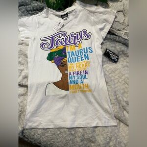NWT Taurus TShirt by Popular Sport Ladies SZ M White w purple I’m a Queen front